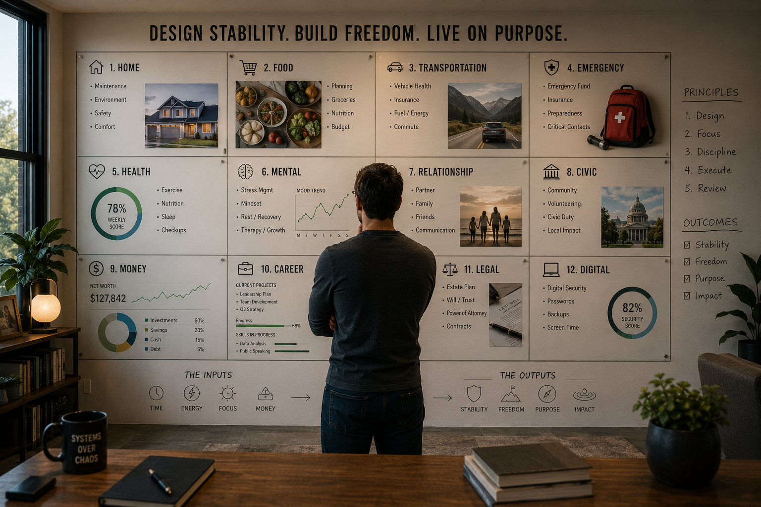 A person stands in front of an organized wall of life systems, including finances, health, home, and work, reviewing them as connected parts of a larger personal operating system.