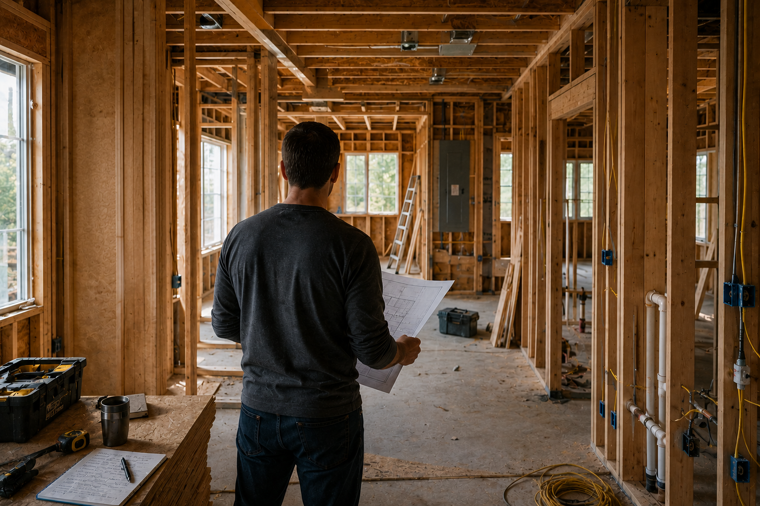 A person stands inside a partially built house holding blueprints, surrounded by exposed framing, unfinished walls, and incomplete systems.