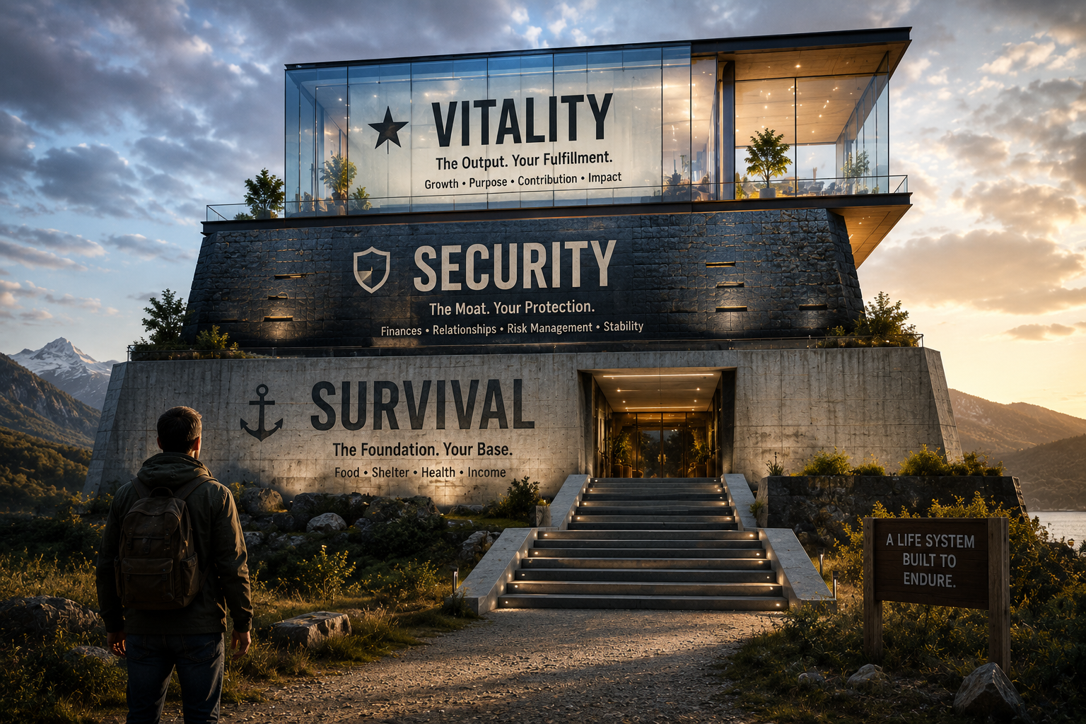A person approaches a large three-tier architectural structure representing survival, security, and vitality, with each level visibly distinct but connected.