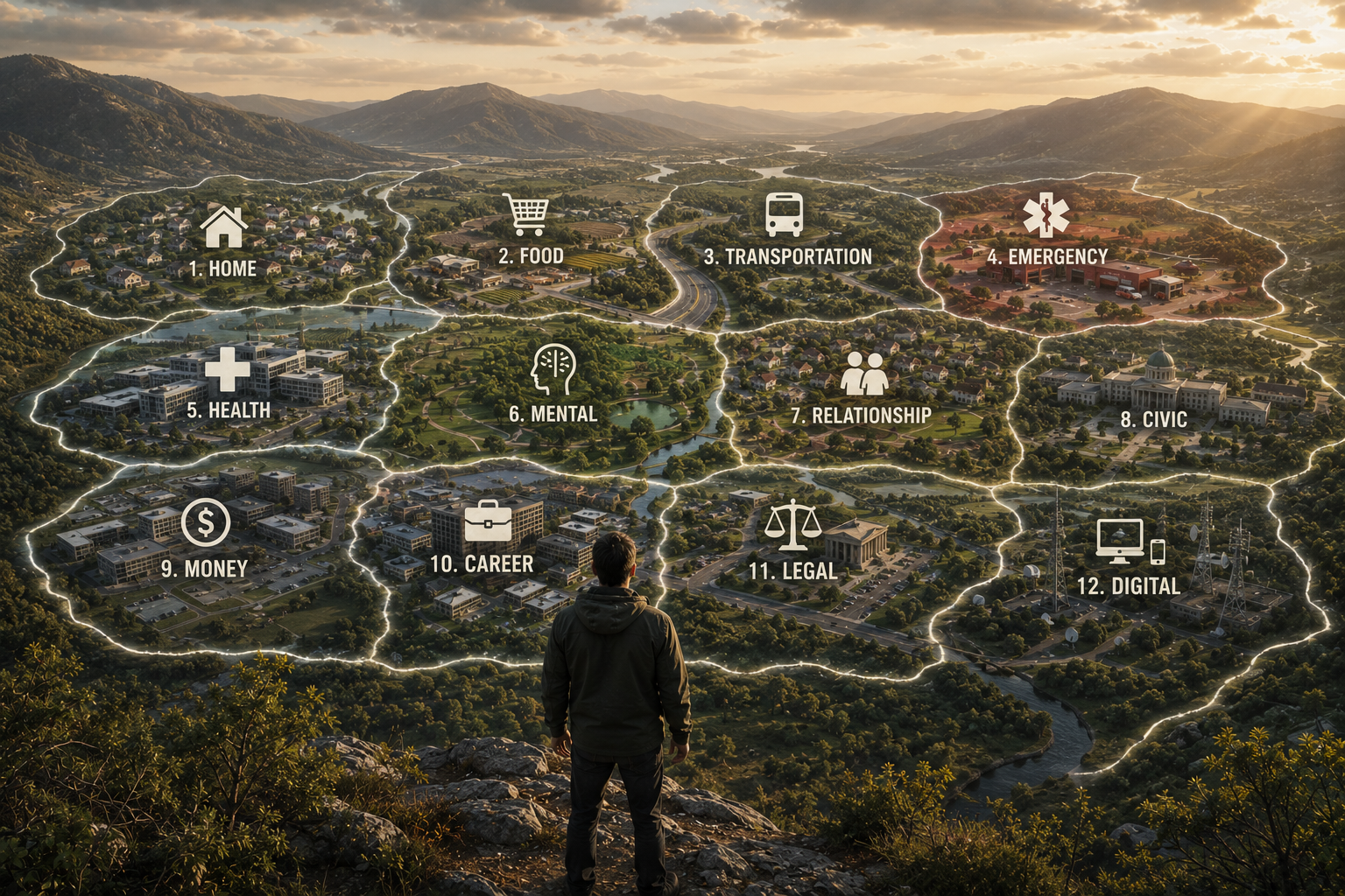 A person stands on an overlook above a connected city and landscape representing the many life systems people manage every day, from home and work to health and community.