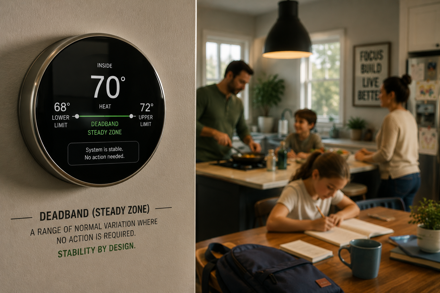 A home thermostat displays a stable temperature range while everyday family activity happens in the background, illustrating a system designed to absorb normal variation.