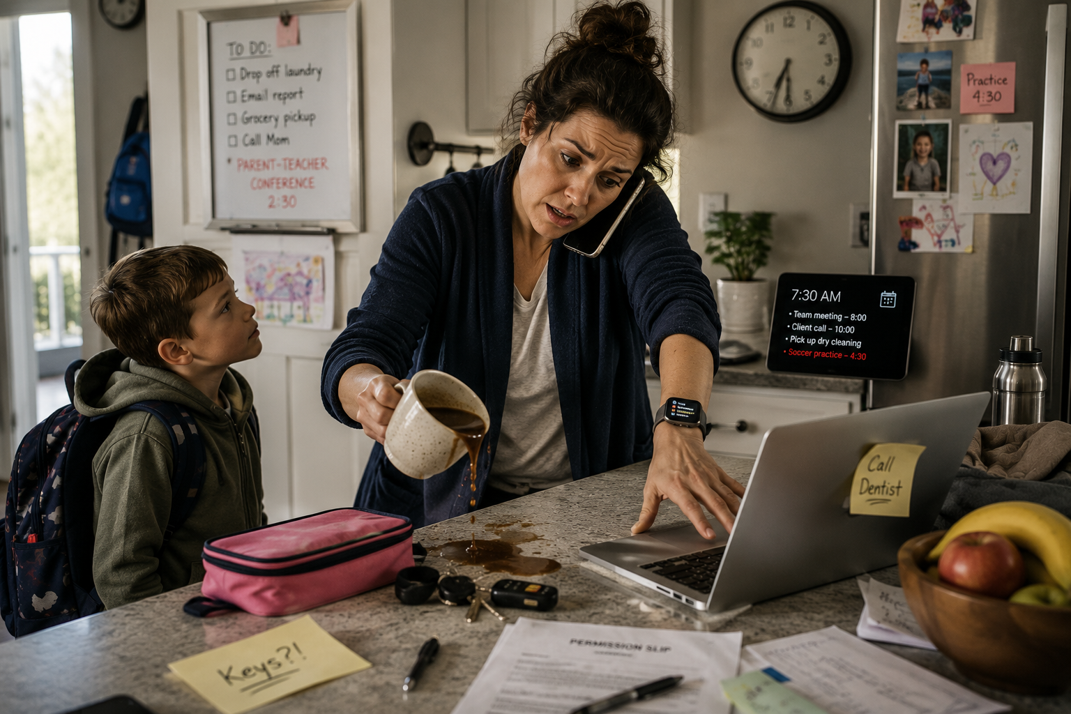 A stressed parent rushes through a busy kitchen juggling a ringing phone, spilled coffee, and a child waiting for school during a chaotic morning routine.