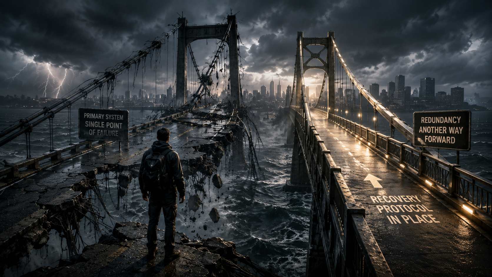 A resilience system is built before disruption happens, not during it. The bridge on the left destroyed but the backup bridge allows for continued movement