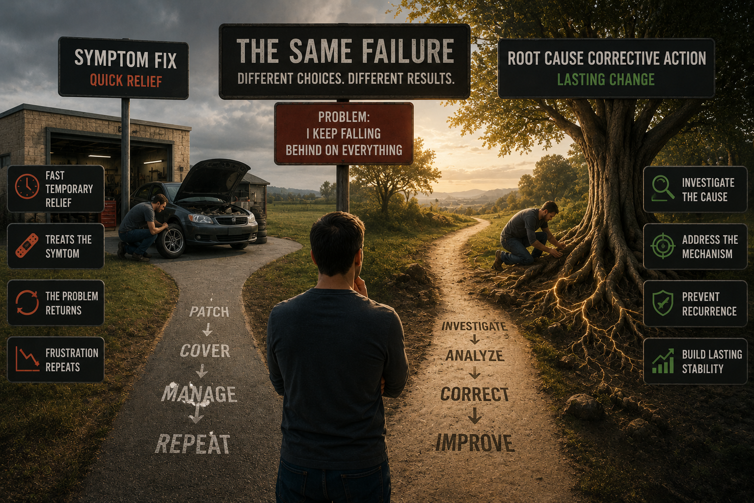 A split-path visual showing two approaches to the same failure: one path patches the visible problem while the other traces back to the deeper system cause.