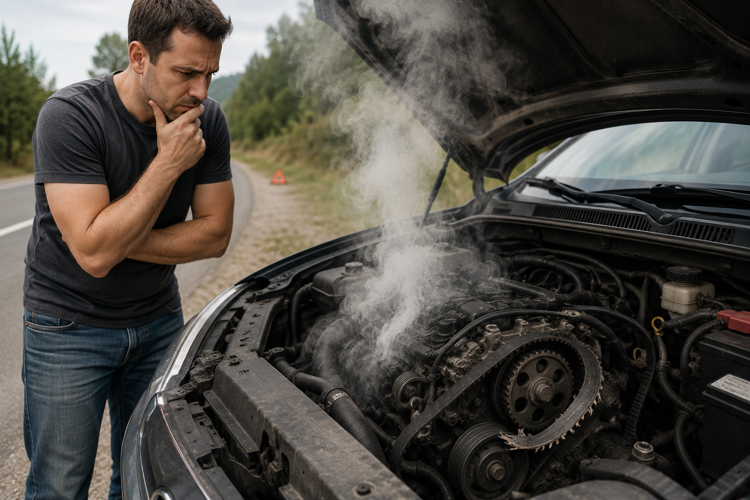 A stranded driver stands beside a smoking car with the hood open while the deeper mechanical failure is visible inside the engine compartment.