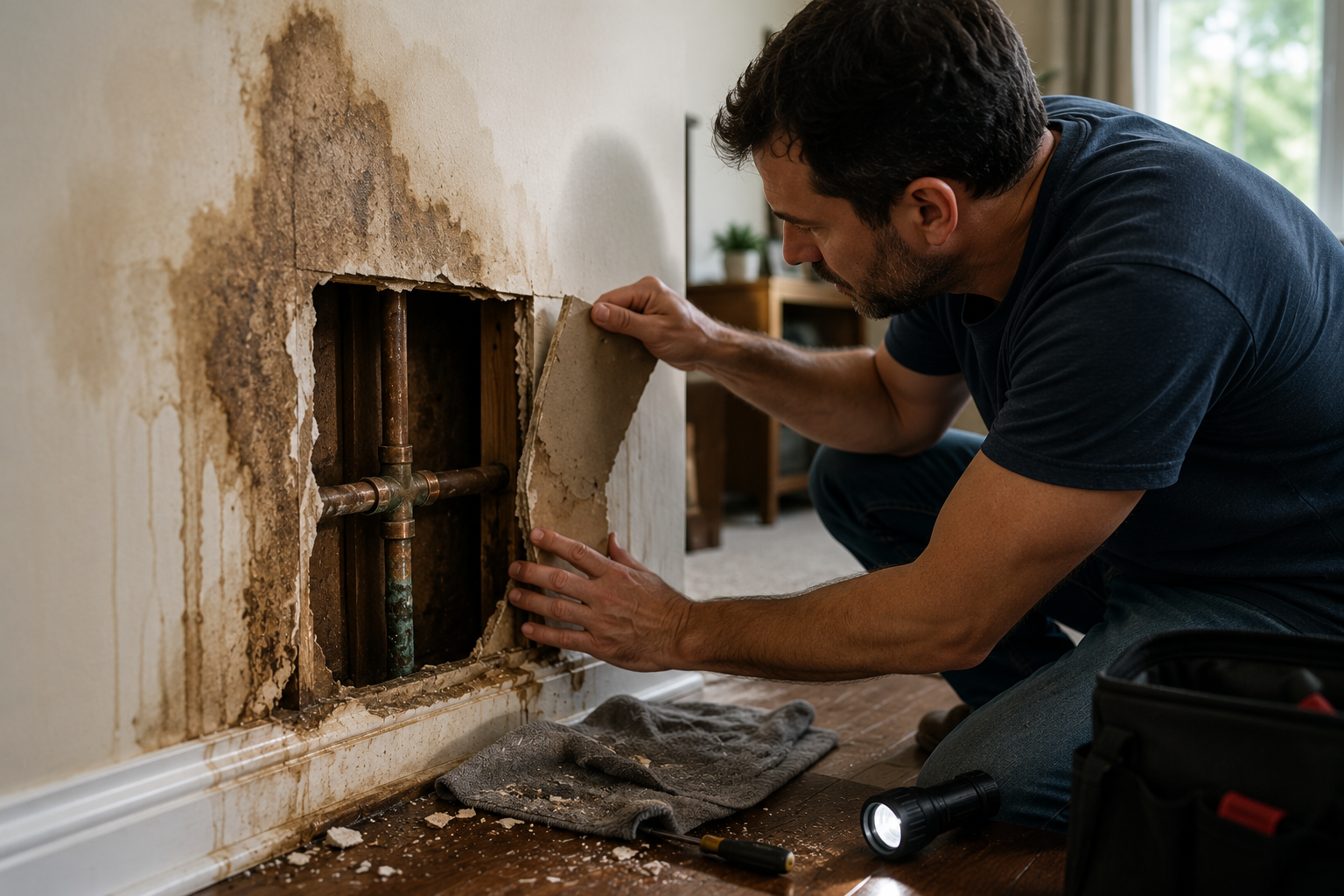 A homeowner cuts into a damaged wall to trace the source of a hidden water leak behind the drywall.