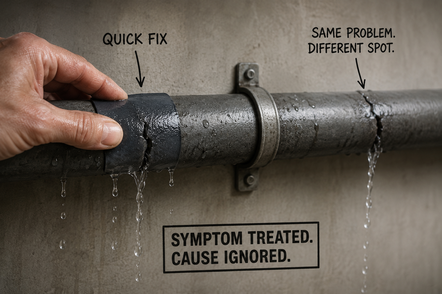 A hand applies a small patch over a cracked pipe while the same crack reappears further down the line, illustrating a quick fix that doesn't address the root cause.