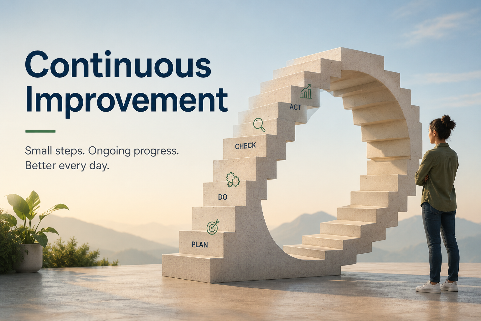 A person stands beside a simple staircase made of small, repeating steps that loop back on themselves, illustrating a continuous improvement cycle rather than a single climb to a finish line.