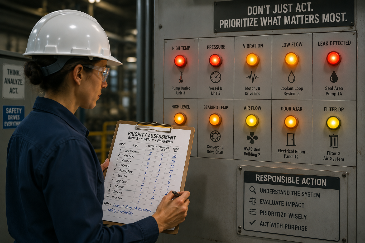 A person stands at a control panel with several warning lights on at once, holding a clipboard that ranks the lights by severity and frequency rather than reaching for the nearest one.