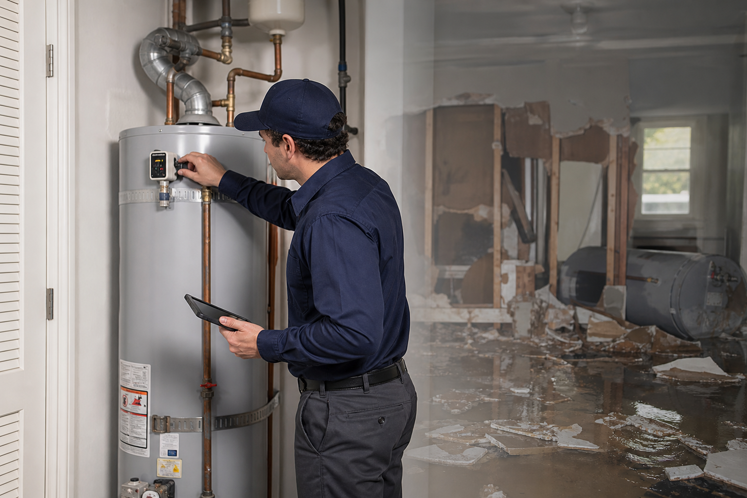A person performs a small scheduled check on a household system, a water heater inspection, while in the background a faded scene shows the same system having failed catastrophically and flooded a room.