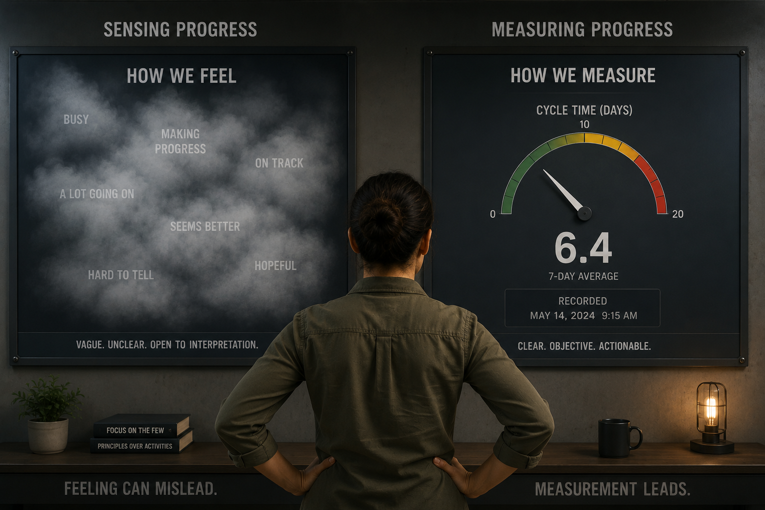 A person stands in front of two dashboards: one filled with vague feelings represented as fog, the other with a single clear gauge and a recorded number, illustrating the difference between sensing progress and measuring it.