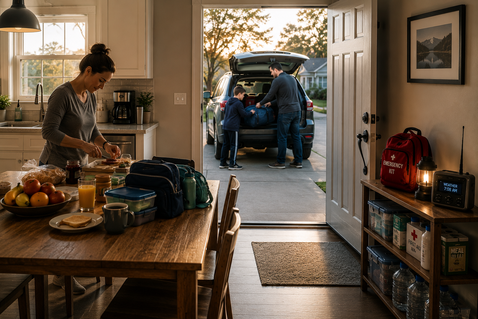 A family prepares to leave home in the early morning with breakfast on the table, a packed vehicle in the driveway, and emergency supplies visible by the front door, representing the interconnected systems of daily survival.
