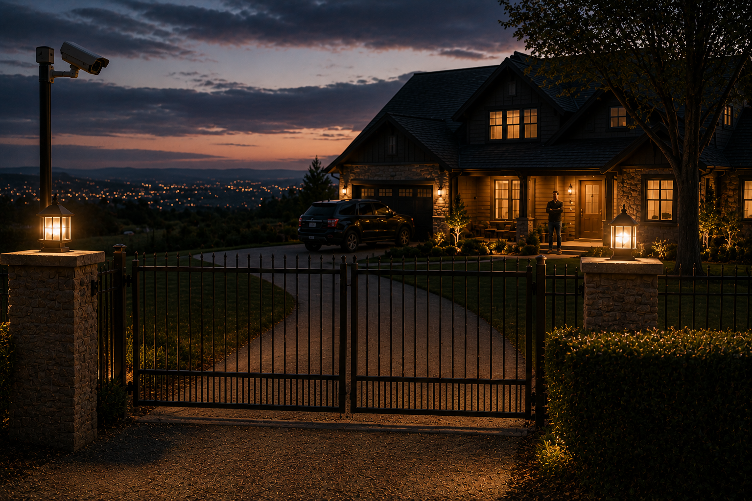 A homeowner stands at dusk near a secure property with layered protective boundaries including fencing, lighting, and monitored access, symbolizing financial, legal, career, and digital protection.