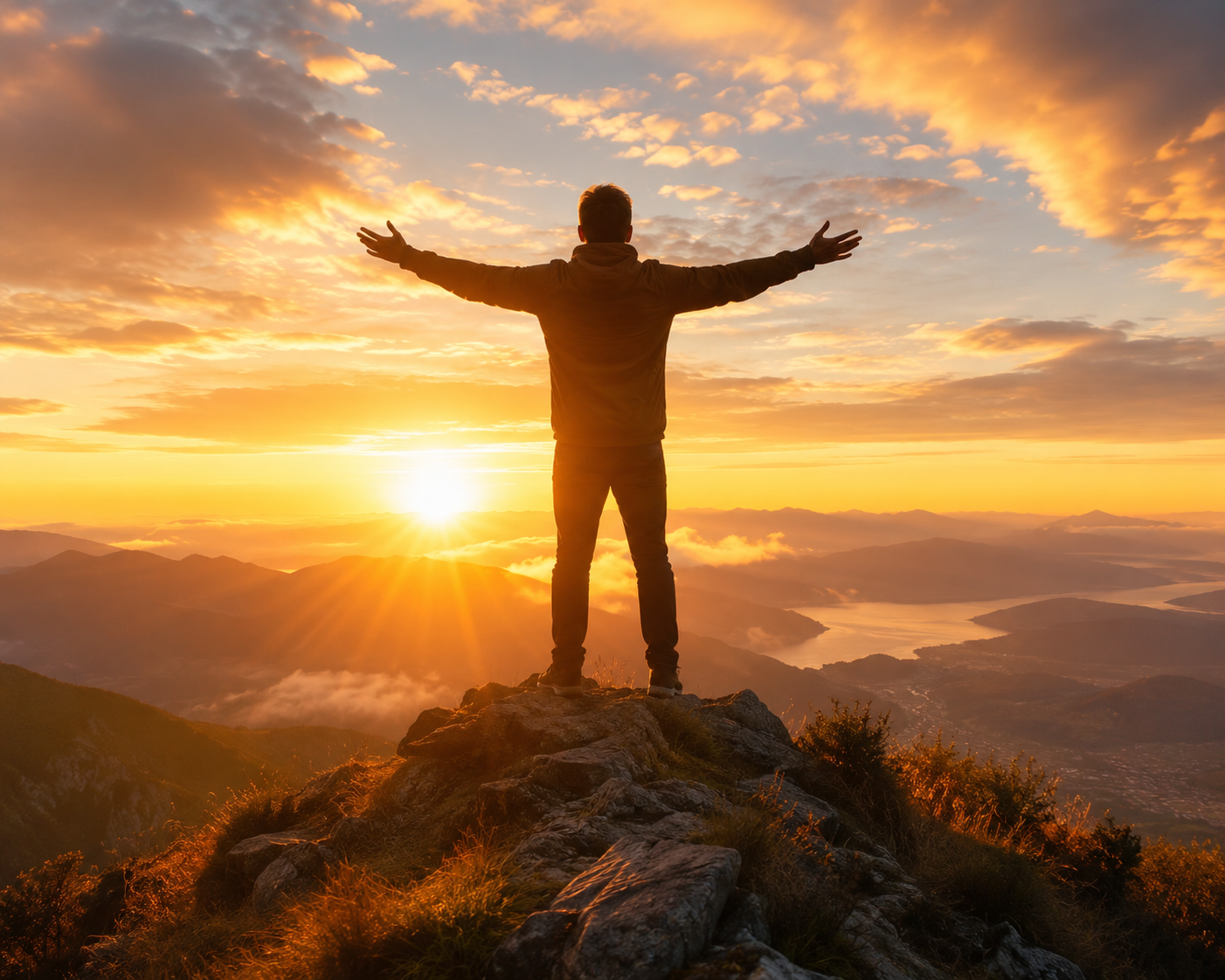 A person standing at the top of a hill at sunrise with arms open, representing energy, growth, and contribution beyond mere survival.