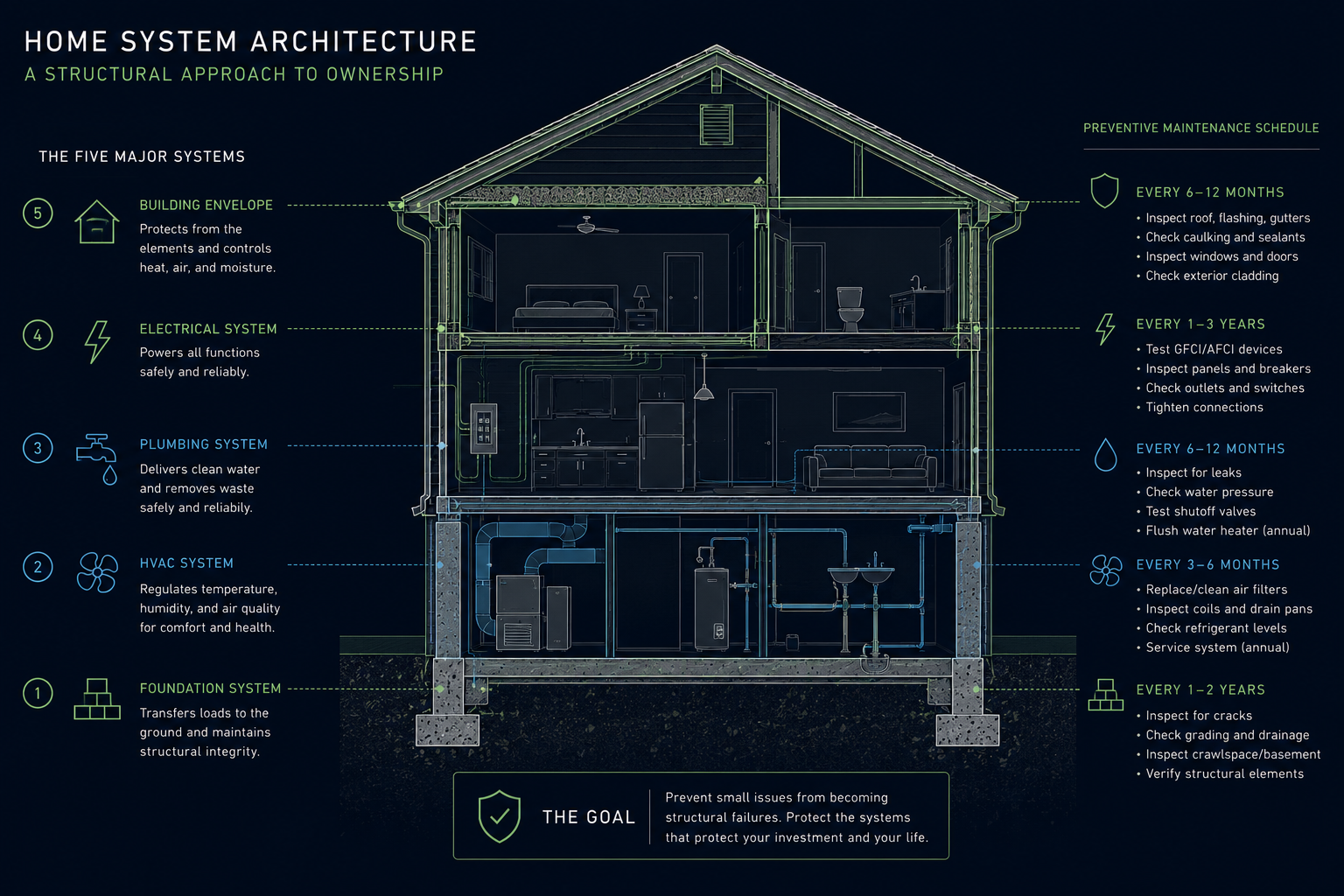 an architectural cross-section
             diagram of a residential structure showing five major home systems
             labeled with preventive maintenance intervals — HVAC, plumbing,
             electrical, building envelope, and foundation — using Survival
             pillar color palette of navy transitioning to deep green