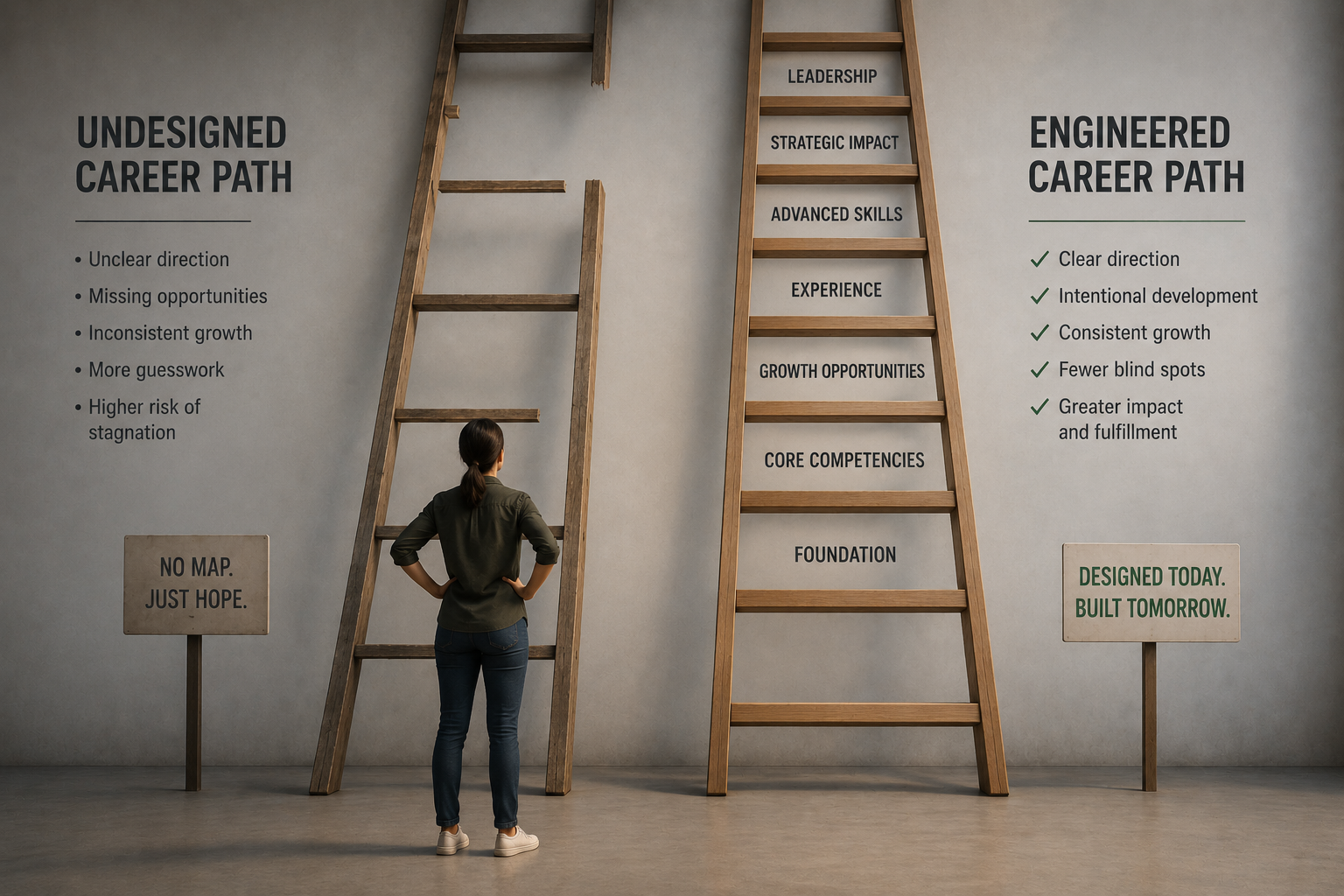 A person stands at the base of a career ladder with several rungs missing higher up, while a second, parallel ladder behind them shows the same rungs clearly built and labeled, illustrating the difference between an undesigned career path and a deliberately engineered one.