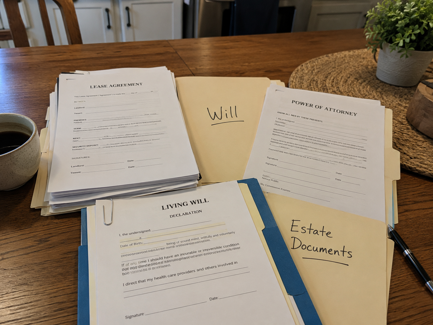 A kitchen table with a stack of legal documents such as a lease, a folder labeled Will, a power of attorney form, etc.