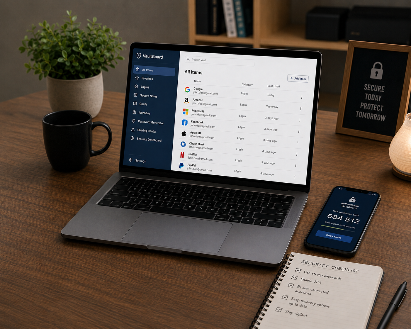 Alaptop with a password manager app open, a phone showing a two-factor authentication code beside them, reviewing a list of connected accounts.