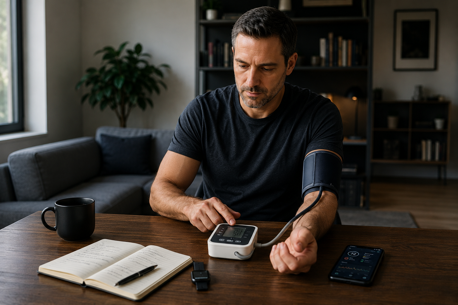 person conducting a scheduled health check-in at home —
      illustrating proactive versus reactive health management.