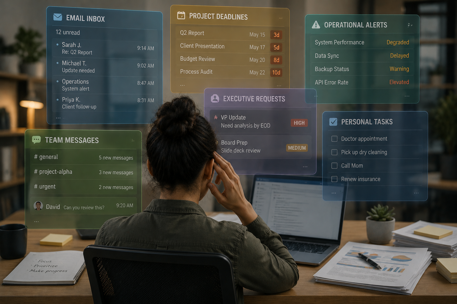A person sits at a desk with six overlapping translucent panels of competing demands layered over their field of vision, illustrating cognitive load from multiple simultaneous sources rather than a single visible task.