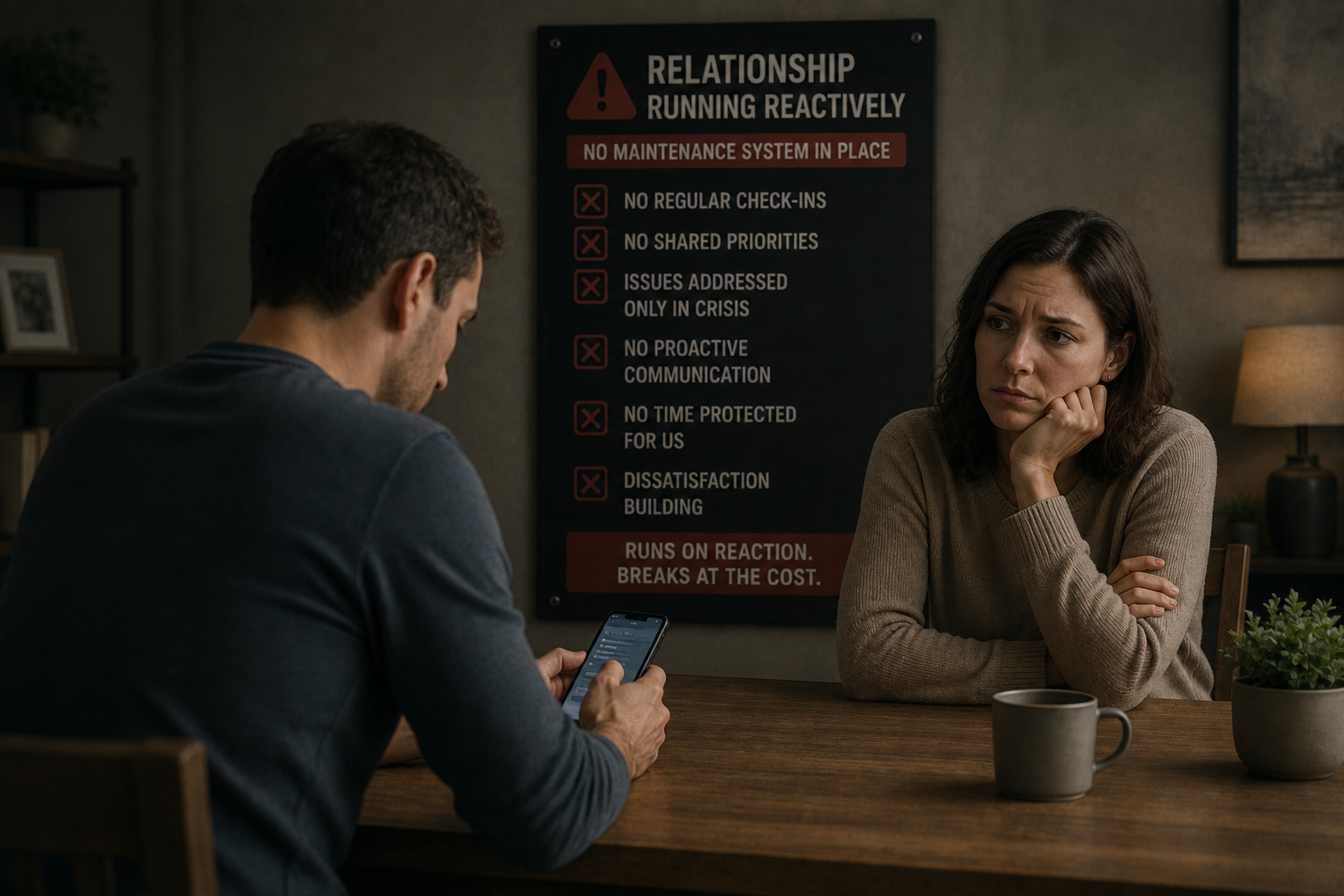 Two people sitting across a table, one holding a phone facing away, illustrating a relationship running reactively without a maintenance system.