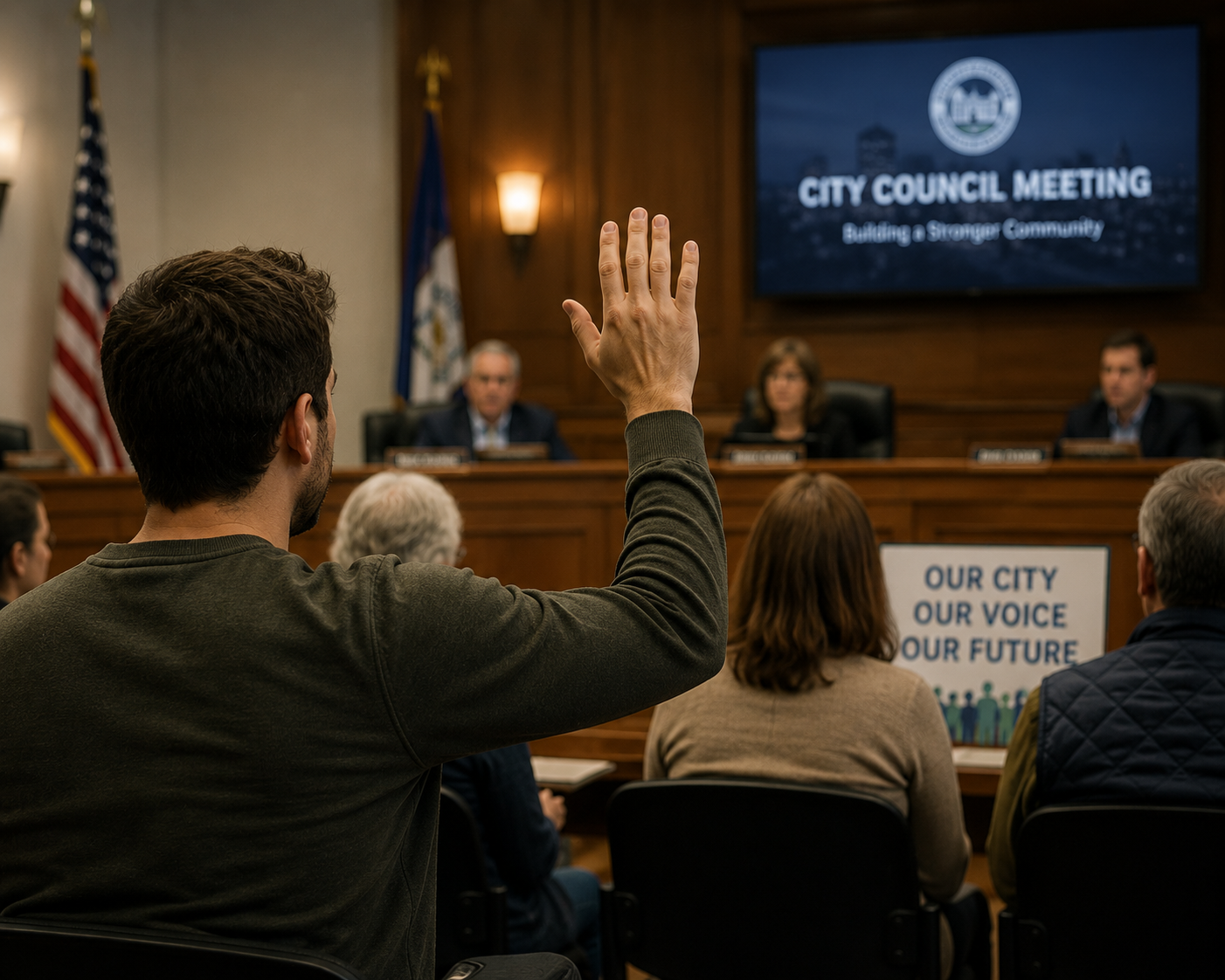 A person at a local city council meeting raising their hand and looking ready to be engaged in their community