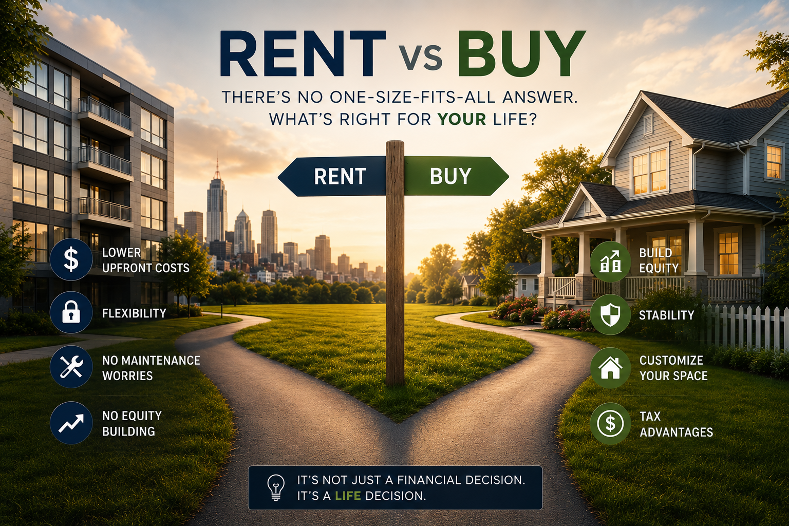 Split-path illustration comparing renting versus buying a home, with an apartment building on one side, a single-family house on the other, and a signpost representing the decision between renting and homeownership.