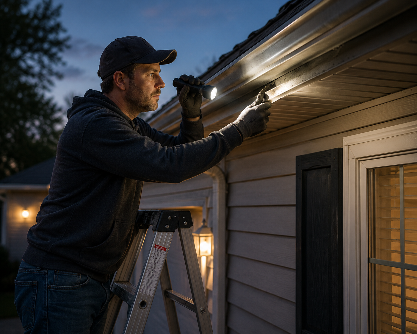 A person on a stepladder checking a gutter with a flashlight, with a home maintenance checklist and calendar visible on a nearby table.