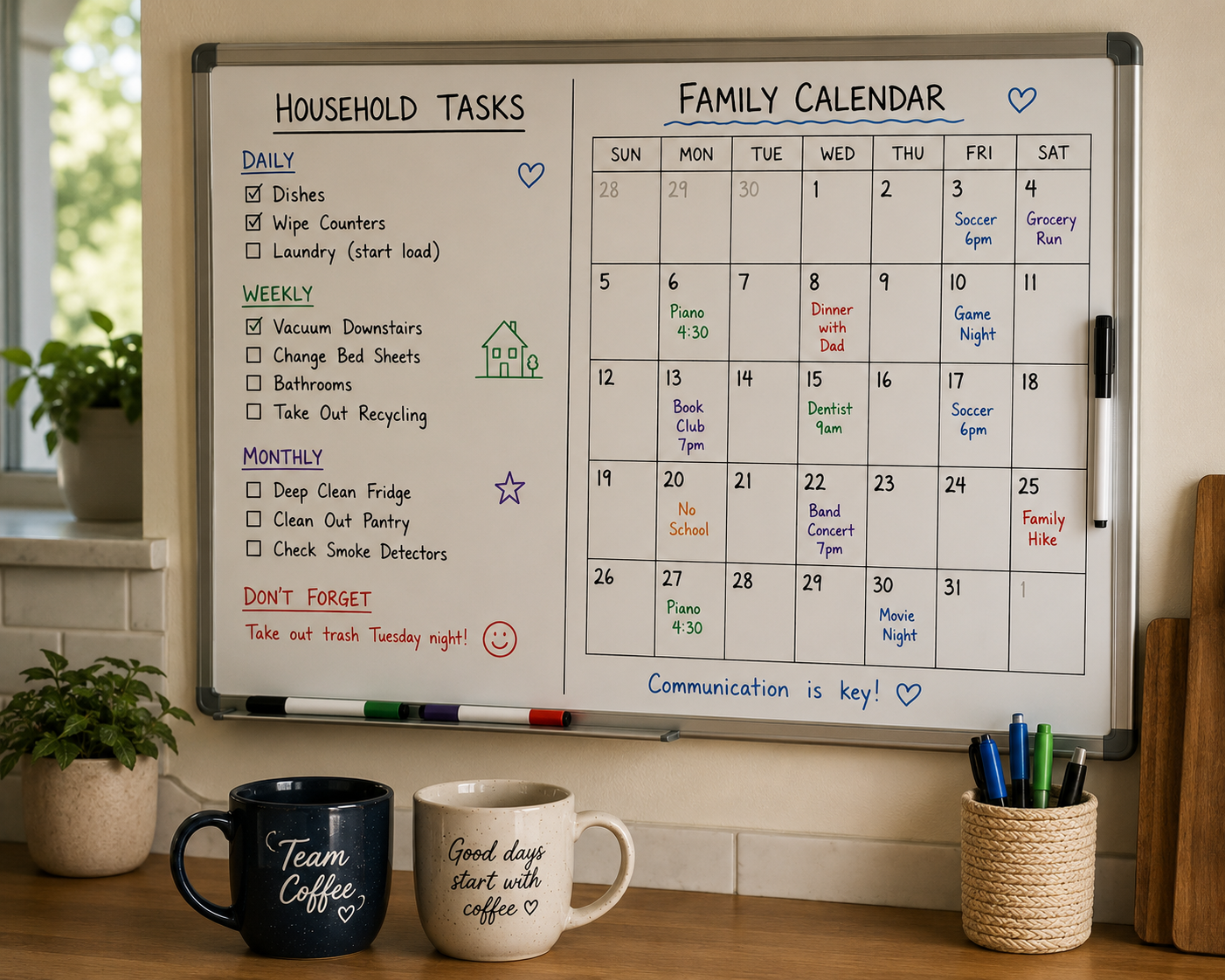 A shared kitchen whiteboard with a household task list, a family calendar, and two coffee mugs on the counter beside it.