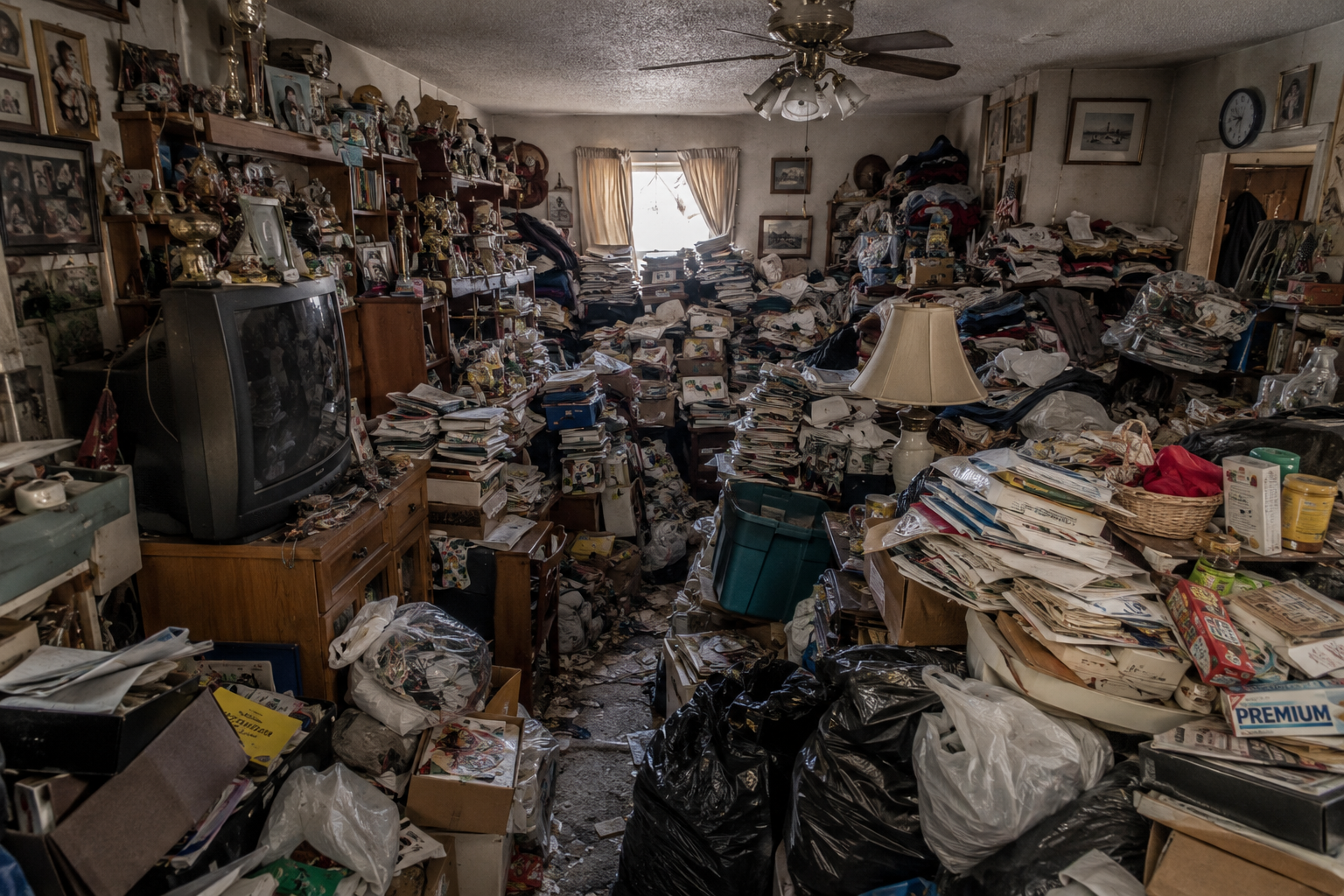A cluttered home that looks like someone has been hoarding things in it for decades