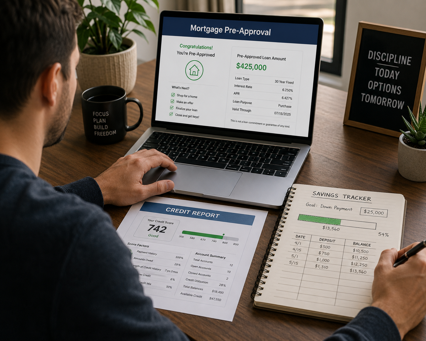 A person at a desk with a laptop open to a mortgage pre-approval page, a printed credit report, and a savings tracker notebook.