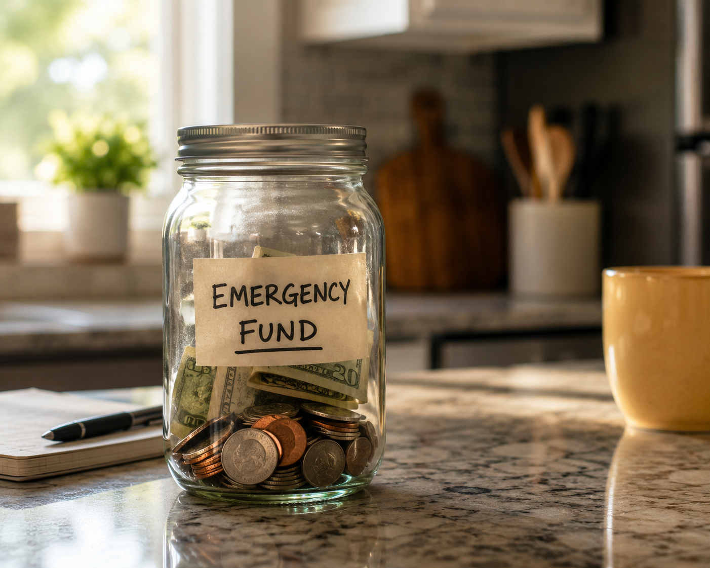 A small glass jar partially filled with coins and folded bills sitting on a kitchen counter, representing a first emergency fund in progress.