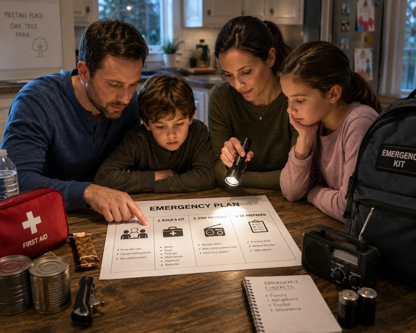 A family sitting together at a kitchen table reviewing a printed emergency plan and a flashlight, illustrating proactive family disaster preparation.