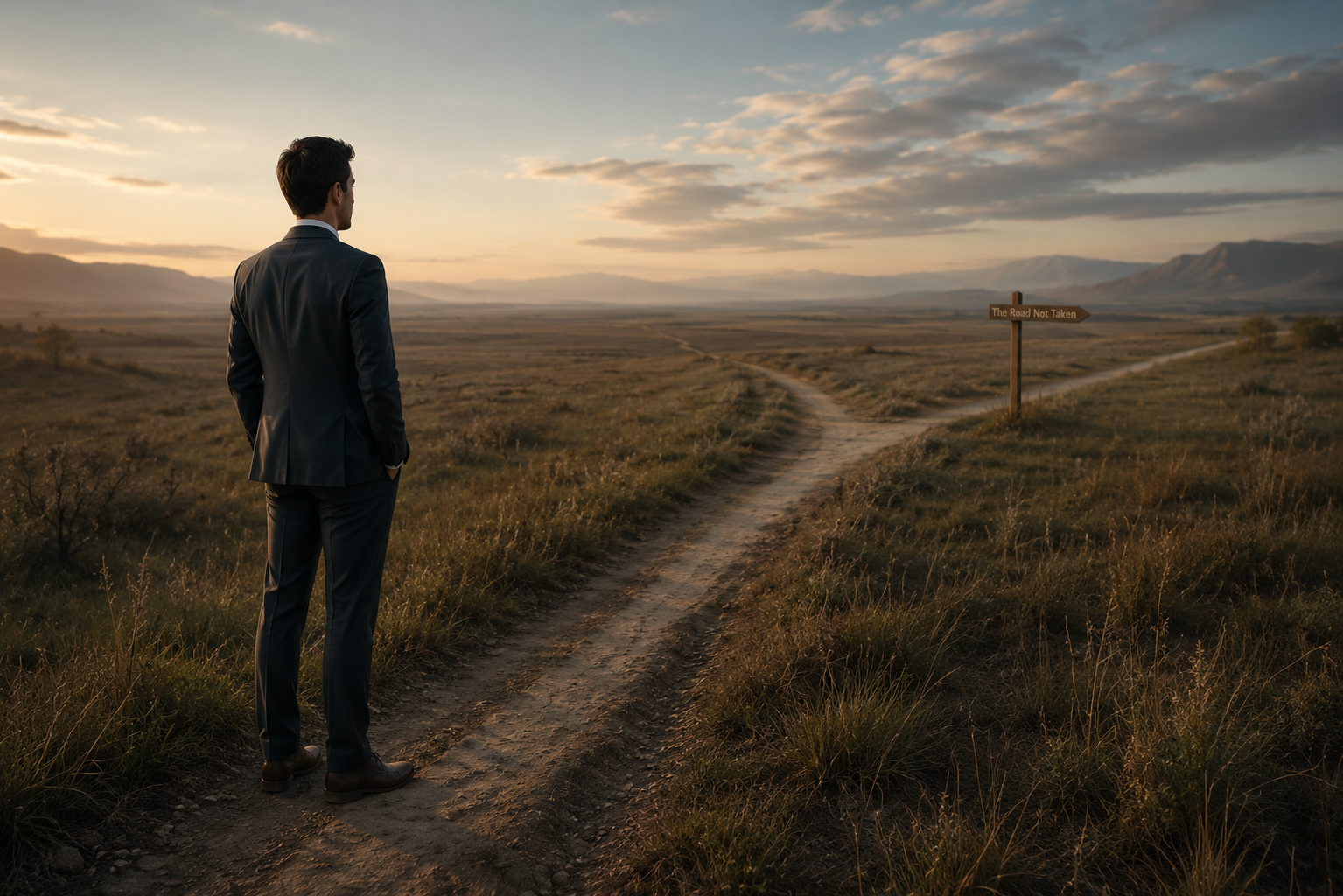 A person contemplating the diverging paths of their career.