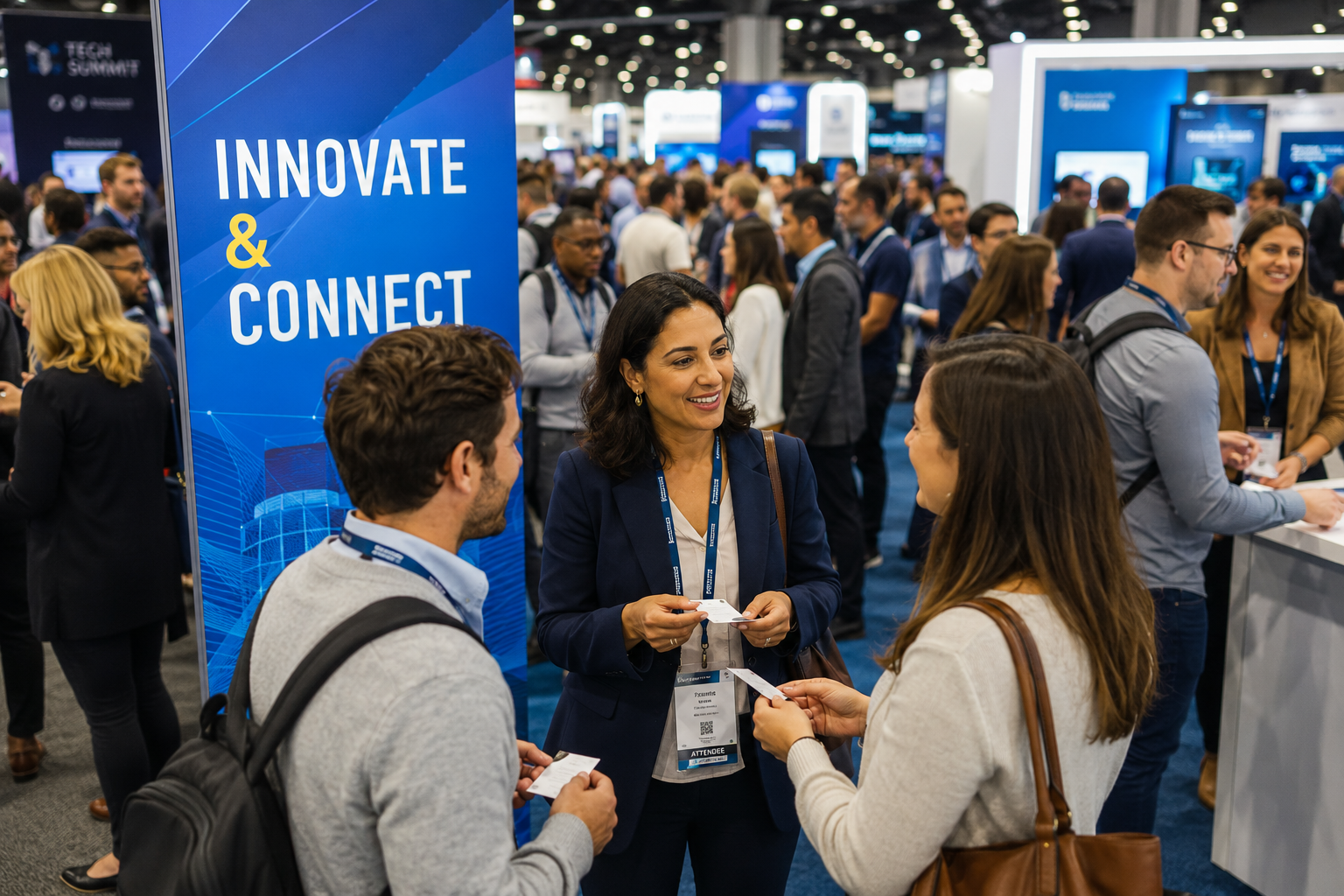 A group of people at a tech conference networking together to make career connections.