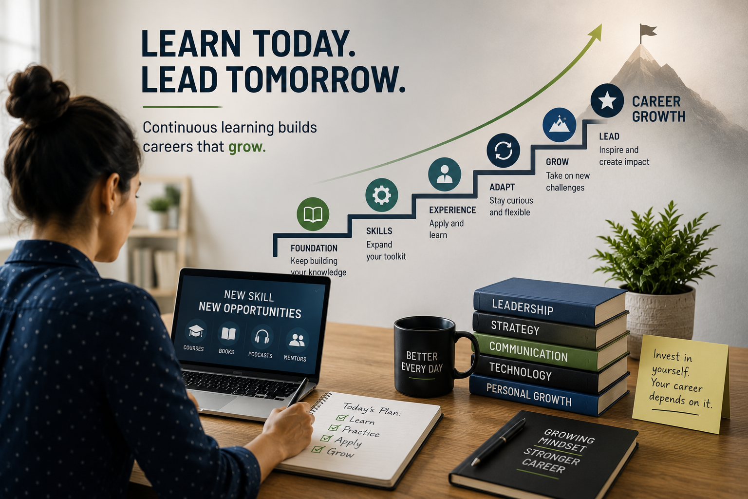 Professional working at a desk using online courses and study materials while an illustrated career growth staircase shows how continuous learning builds new skills, adaptability, leadership, and long-term career advancement.