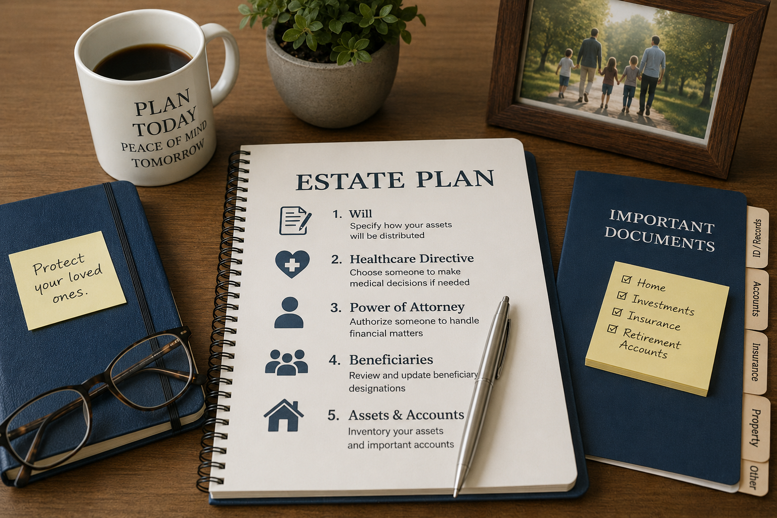 A Table with a notebook outlining estate planning with other items around it.