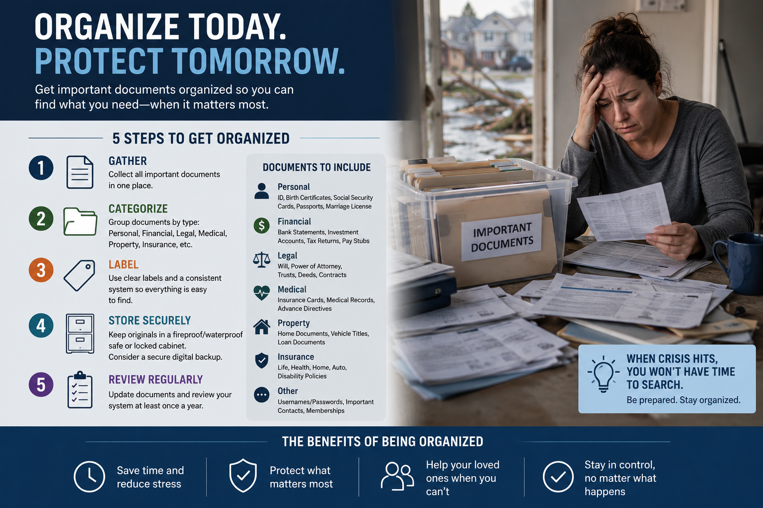 An infographic titled organize today protect tomorrow with 5 steps to get organized.