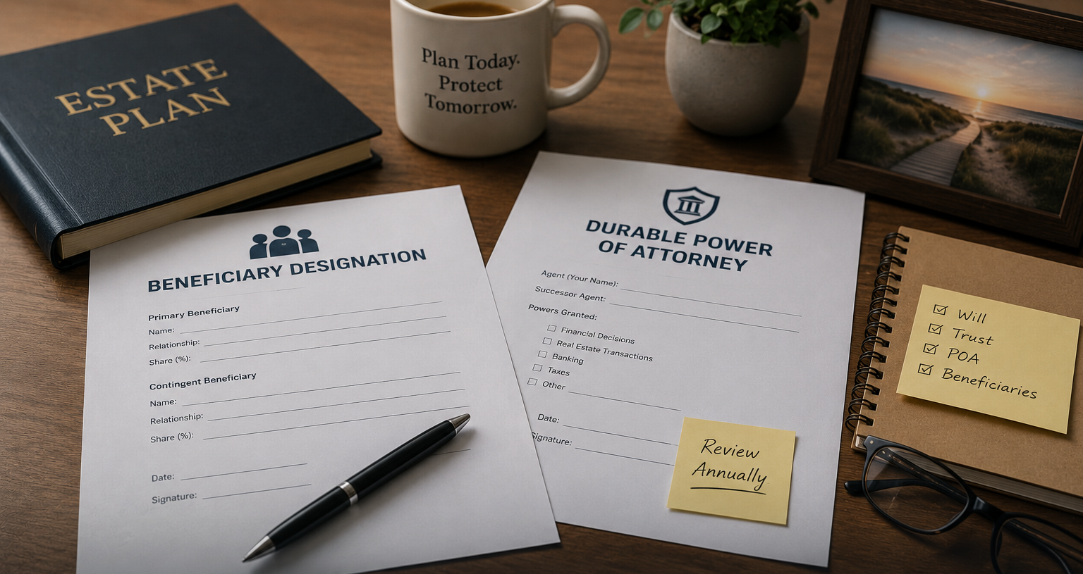 A table with a few forms laid out indicating beneficiaries and powers of attorney