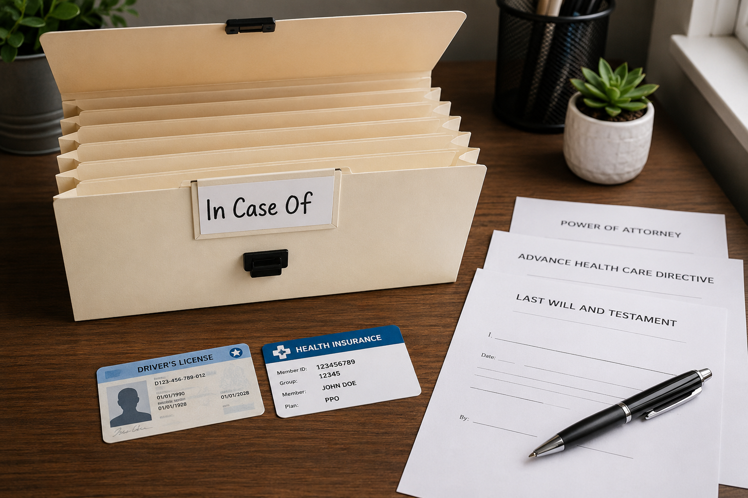 An empty accordion file folder labeled 'In Case Of' sitting open on a desk next to a driver's license, insurance card, and blank legal forms.