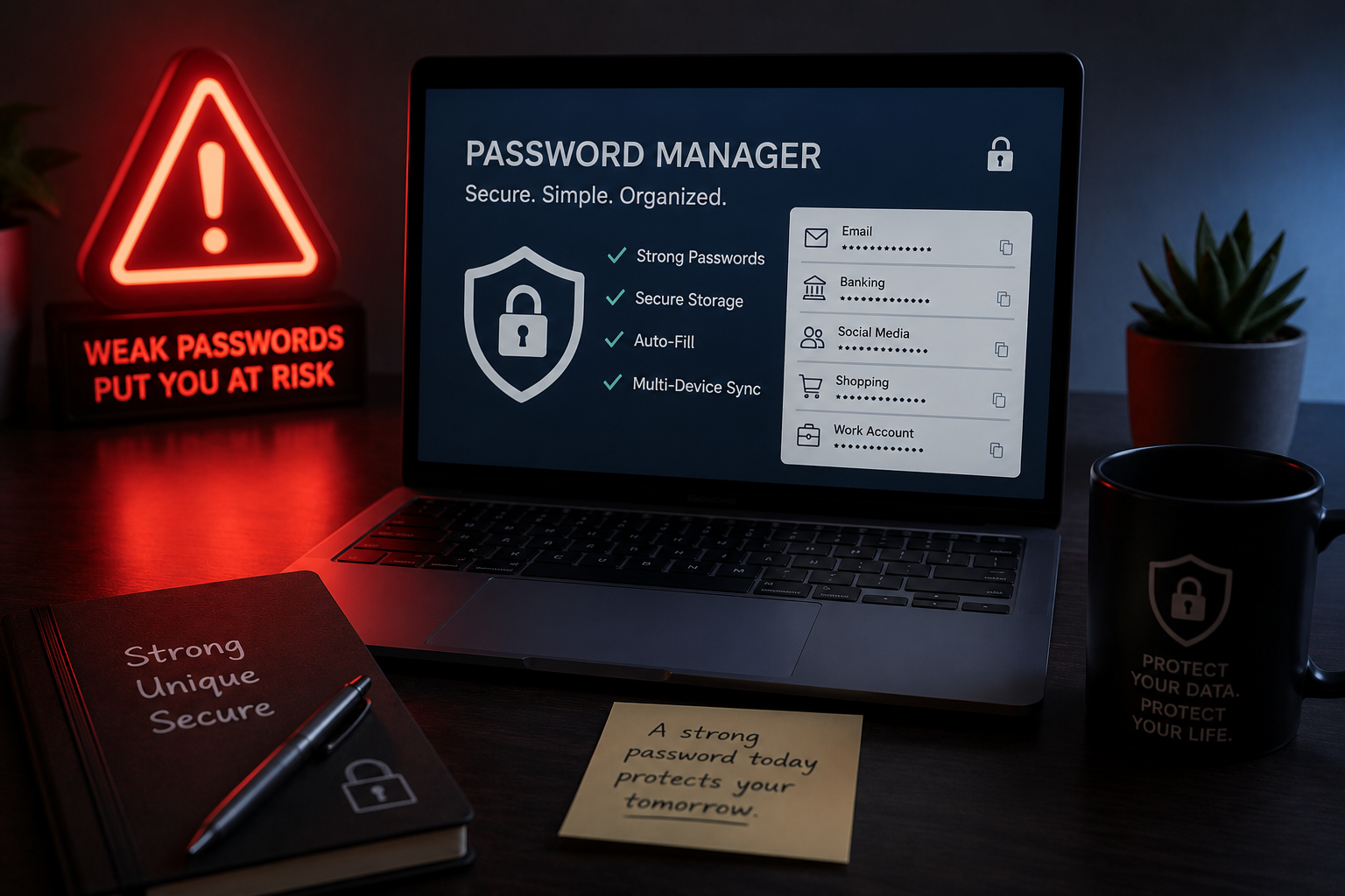 A laptop on a dark wooden desk displaying a password manager interface with features like Strong Passwords and Secure Storage, surrounded by cybersecurity-themed items.