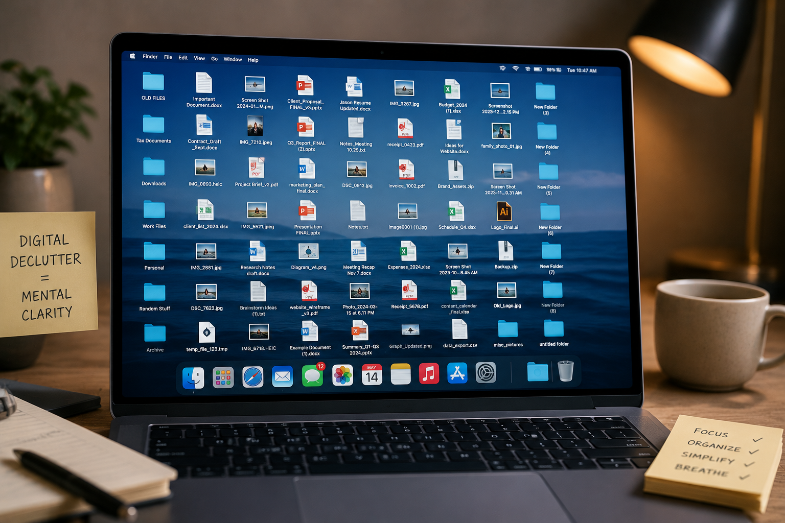 A laptop sitting on a wooden desk with a crowded computer screen filled with messy files and folders.