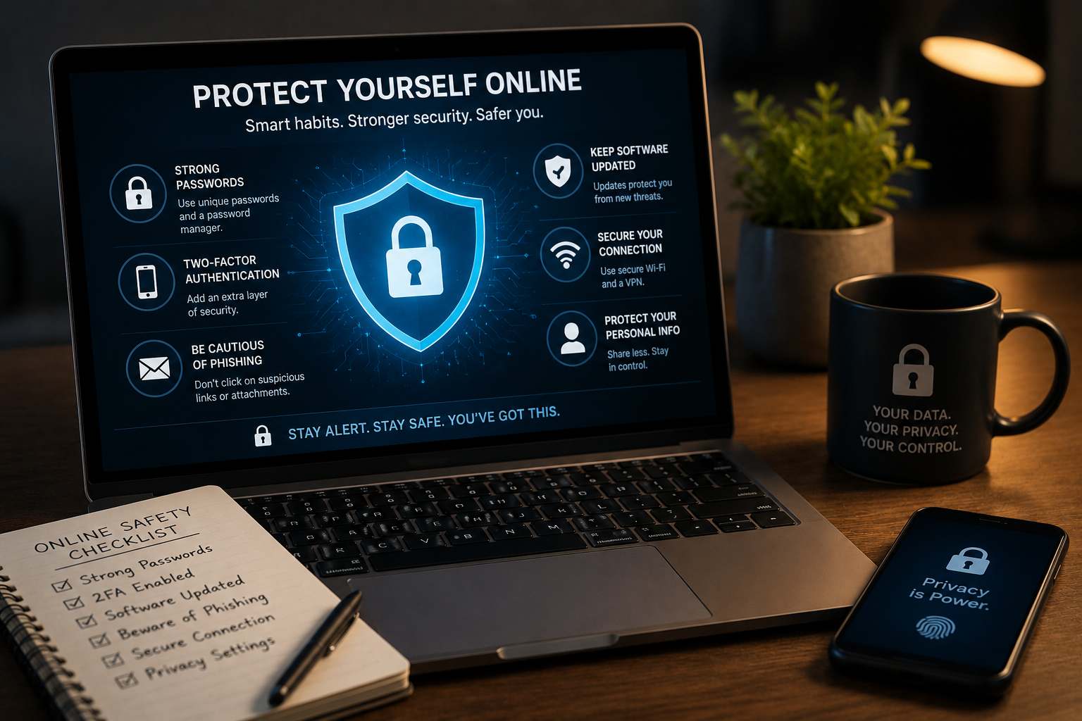 A laptop on a softly lit desk, with a glowing digital shield icon superimposed over the screen to represent cybersecurity and online privacy protection.