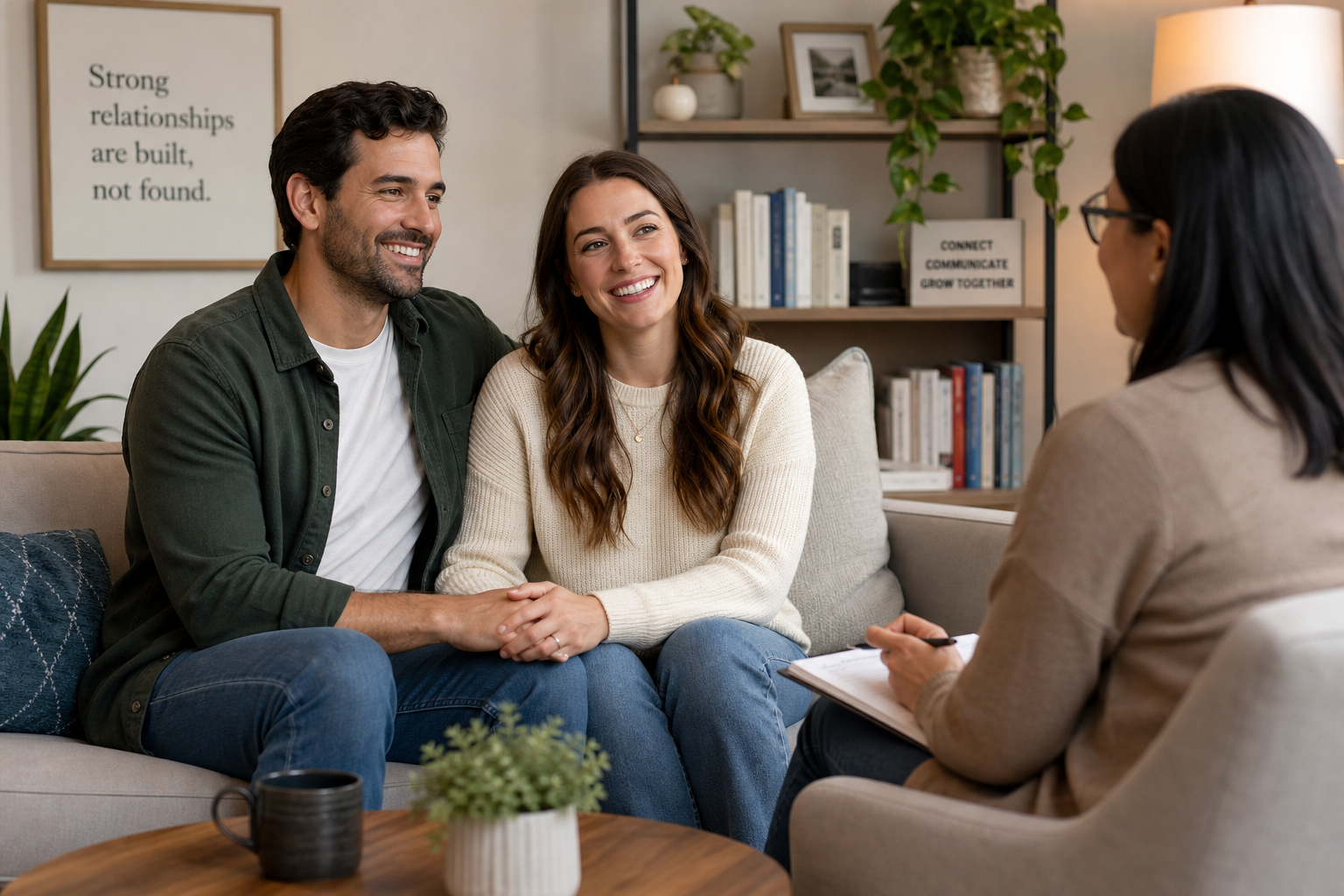 A Happy couple visiting a couples counselor to ensure that they are maintaining their relationship.