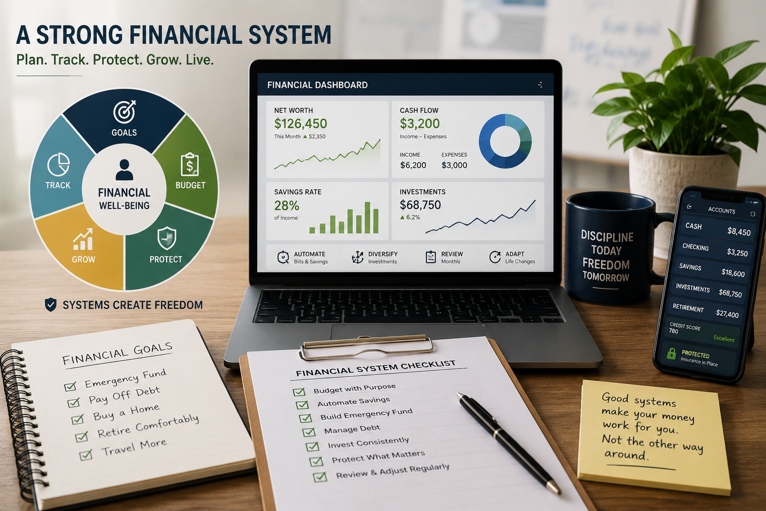 Workspace illustrating a strong personal financial system with a laptop displaying a financial dashboard, a budgeting checklist, financial goals notebook, smartphone banking app, and tools for saving, investing, budgeting, and tracking net worth.